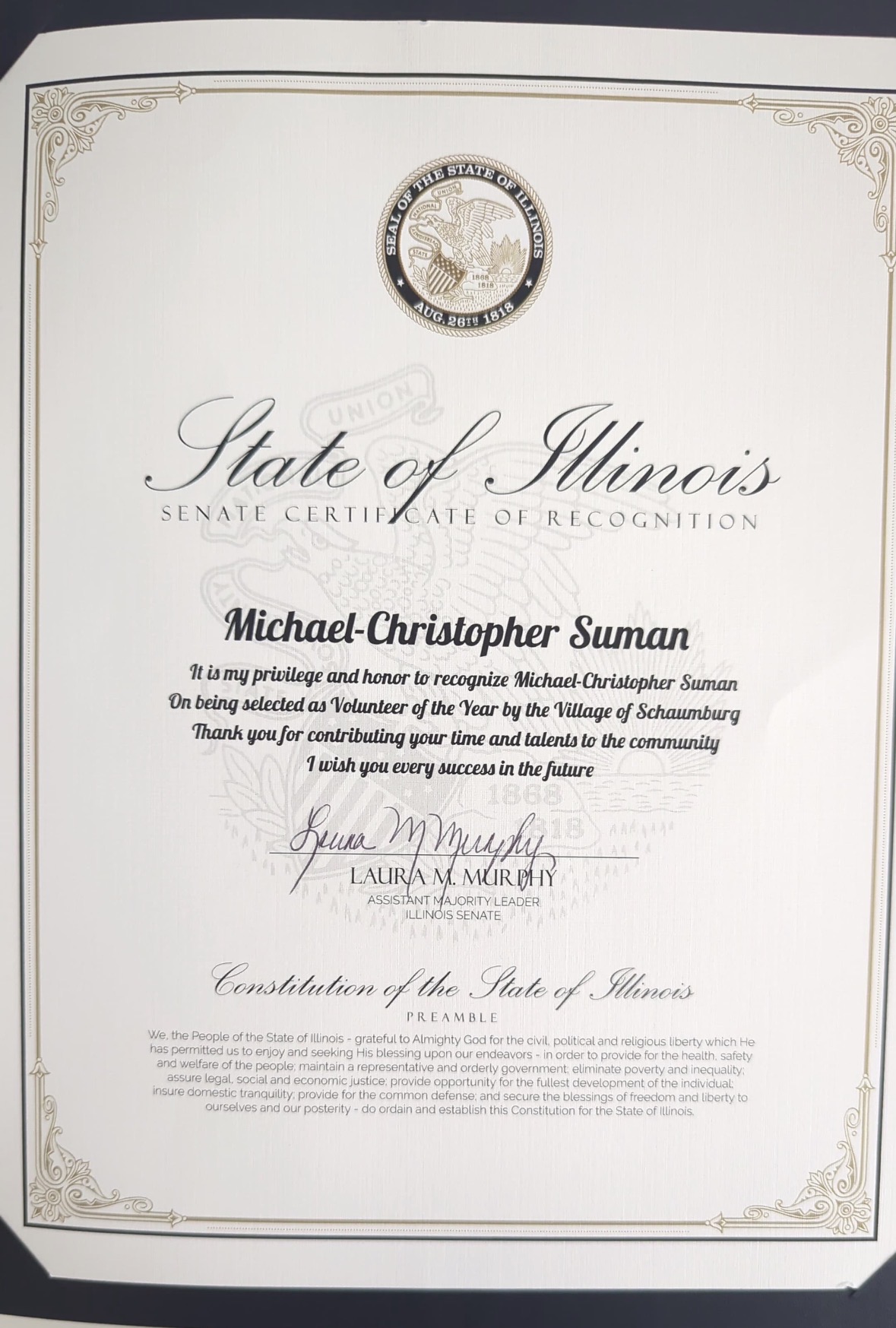 State Recognition Certificate from Senator Laura Murphy